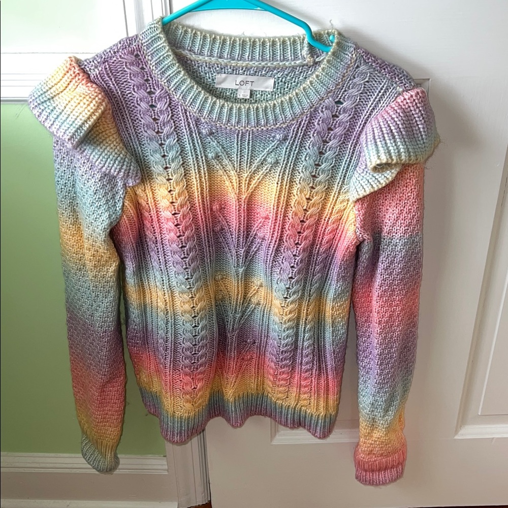 LOFT Women's Pastel spacedye cable knit ruffle Sweater